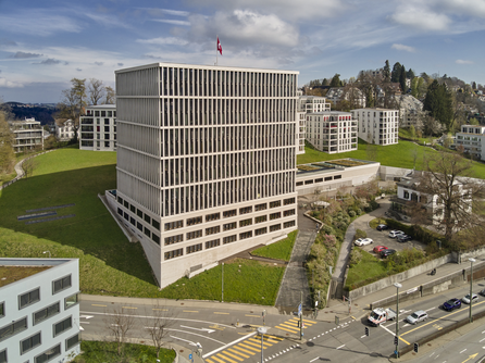 The Federal Administrative Court in St. Gallen | © Federal administrative court Drone image of the Federal Administrative Court with the main tower in focus | © Federal administrative court