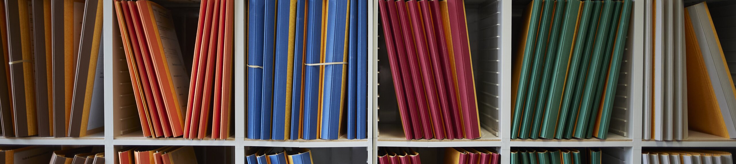 Files in different colours in a shelf